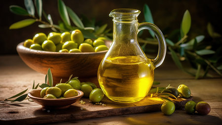 Fresh olive oil and green olives on a dark background.の素材