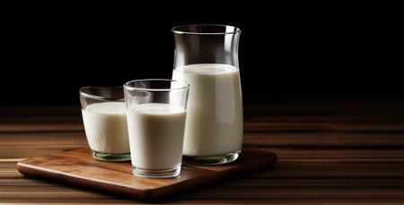Several glasses with fresh milk on a dark background.の素材