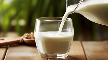 Fresh milk pouring from a bottle into a glass.の素材