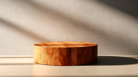 Wooden podium on the background of a concrete wall. The sun's rays fall on a wooden platform designed for the presentation of products.の素材