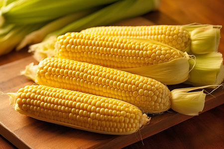 Close-up ripe corn cobs lying on a wooden table.の素材