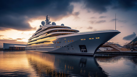 Beautiful megayacht moored in the marina at sunset. AI generated.の素材