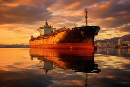 Oil tanker in port at sunset. AI generated.の素材