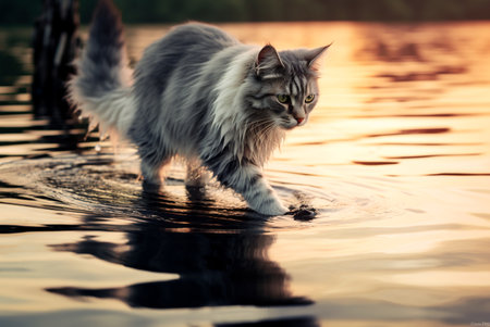 Domestic cat walking on water. cat in the water. AI generated.の素材