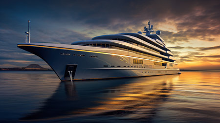 Beautiful megayacht sailing in the sea at sunset. AI generated.の素材