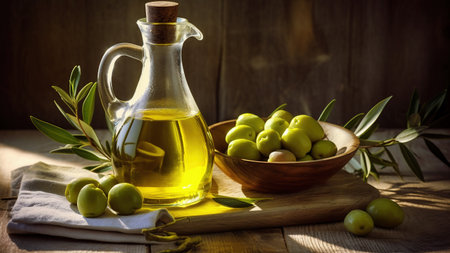 Fresh olive oil and green olives on a dark background.の素材