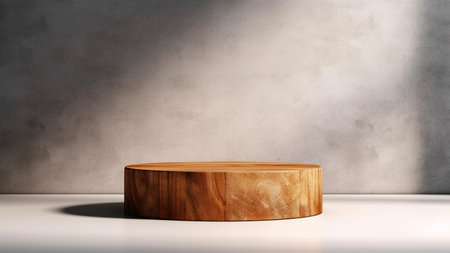 Wooden podium on the background of a concrete wall. The sun's rays fall on a wooden platform designed for the presentation of products.の素材