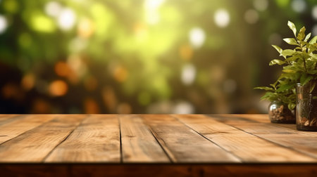 Empty wooden table close-up on blurred greenery background. AI generated.の素材