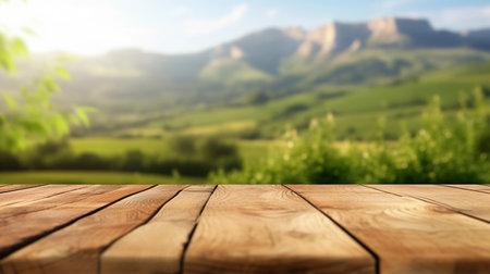 Empty wooden table top close-up on a blurred background of a mountain range.の素材