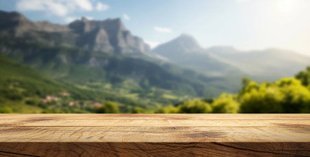 Empty wooden table top close-up on a blurred background of a mountain range.の素材