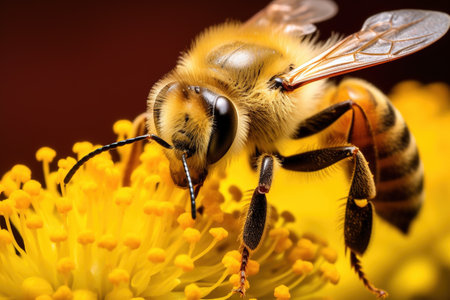 The bee sits on a yellow flower. bee close up. Collection of nectar. AI generated.の素材