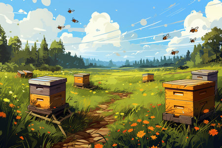 A small apiary with wooden beehives on a green meadow. beekeeping. AI generated.の素材