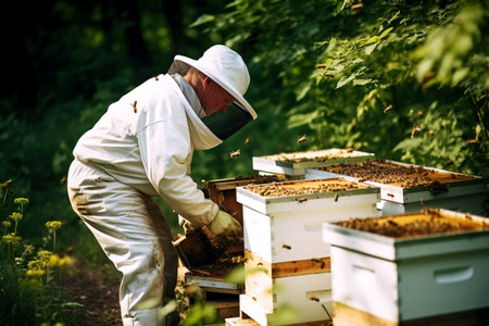 A beekeeper in a protective suit works with honeycombs in the apiary. beekeeping in the countryside. AI generated.の素材