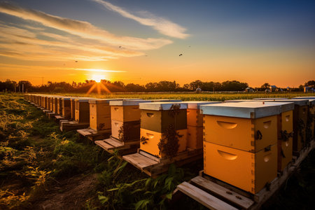 A small apiary with wooden beehives at sunset. beekeeping. AI generated.の素材