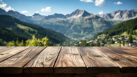 Empty wooden surface and blurred mountain landscape background. AI generated.の素材