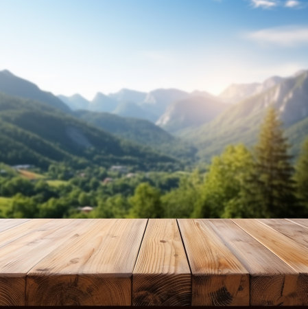 Empty wooden surface and blurred mountain landscape background. AI generated.の素材