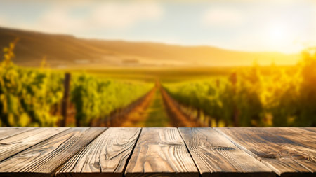 Empty wooden table top against a blurred vineyard during a beautiful sunset. Place to insert the product.の写真素材