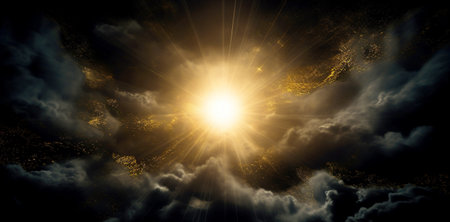 Beautiful sun glare on a dark background with clouds. AI generated.の素材