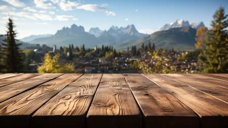 Empty wooden surface and blurred mountain landscape background. AI generated.の素材