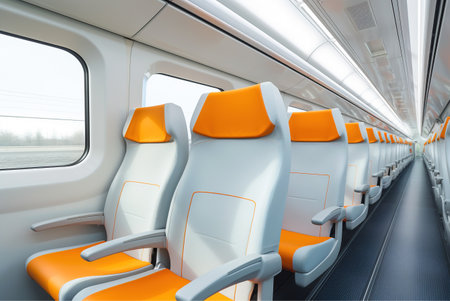 The interior of an empty train. economy class passenger transportation. AI generated.の素材