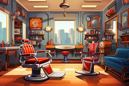 cartoon barbershop interior. retro style. Generative AI.の素材
