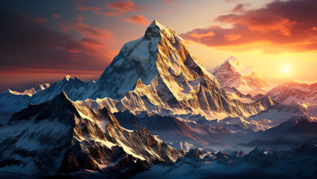 Snowy mountain peaks. Beautiful landscape of a mountain range at sunset. AI generated.の素材