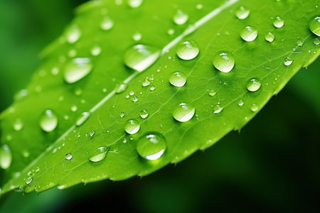 Drops of pure transparent dew on a leaf. close-up. selective focus. AI generated.の素材