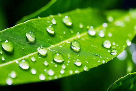 Drops of pure transparent dew on a leaf. close-up. selective focus. AI generated.の素材