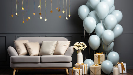 Festive background. Interior with balloons and gift boxes. AI generative.の素材