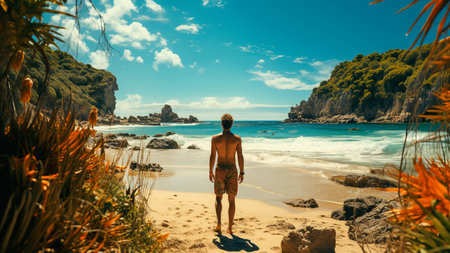 The guy stands on a beautiful beach and peers into the distance. view from the back. AI generative.の素材