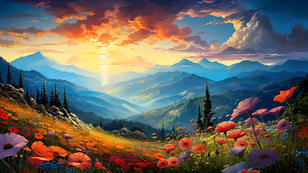 Picturesque mountain landscape with sunrise over the tops of the mountains. AI generative.の素材