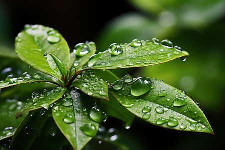 Raindrops on the green leaves of the plant. AI generative.の素材