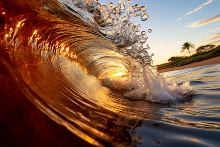 Sea wave in the rays of the setting sun. AI generative.の素材