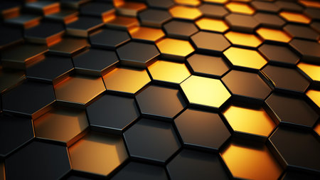 Abstract futuristic background with hexagons. Dark background with honeycombs. Generated by A.I.の素材