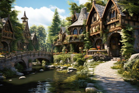 A cozy elven village with empty streets. AI generated.の素材