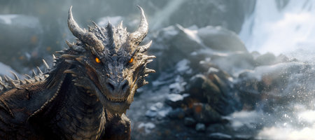 Close-up of a dragon with an aggressive muzzle against a snowy mountainous background. AI generated.の素材