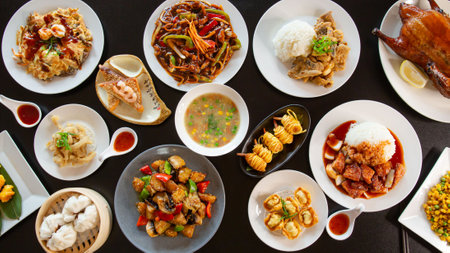 Top view food platter combo set of traditional Cantonese yum-cha Asian gourmet cuisine meal food dish on the white serving plate on the table, includes dishes of duck, pork, fish, chicken, vegetablesの写真素材