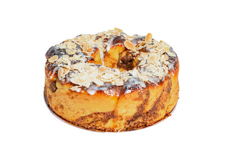 Almond marble butter babka, with almond topping and glaze with marble sugar, selective focus,...