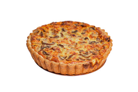 Mushroom and caramelised onion quiche, in white background, selective focus, isolatedの写真素材