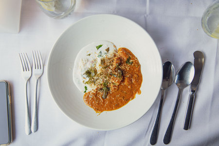 Sophisticated Presentation of a Rich Indian Curry, Butter Chicken or Lamb, Served with Basmati Rice and Raitaの写真素材