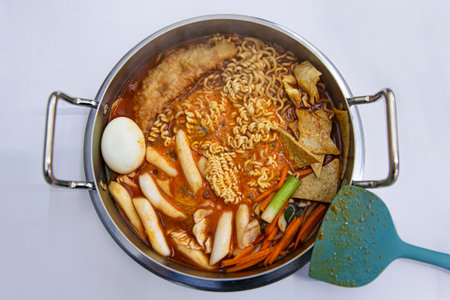Authentic Korean Army Soup Stew Brimming with Noodles, Vegetables, and Fish Cakes, Garnished with a...