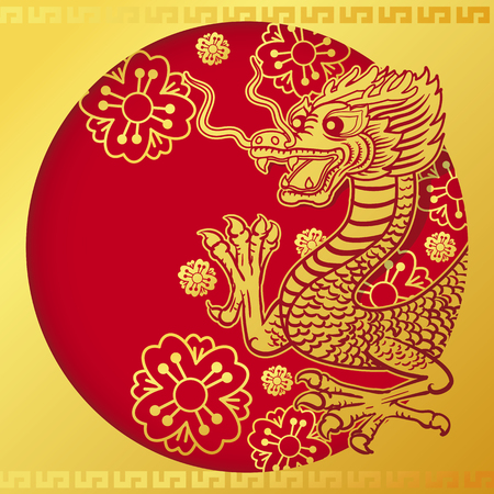 llustration of Golden Chinese dragon in red and gold circle frame with cherry blossom in the background vector and illustration designのイラスト素材
