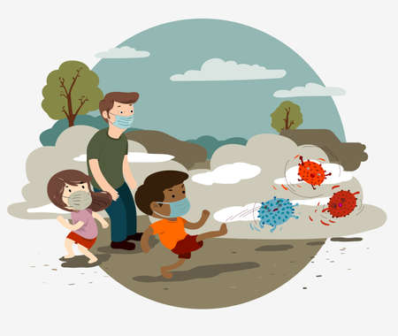 Fight against virus, covid-19, group of people wearing face mask, boy kicks away virus characters. Vector illustrationのイラスト素材