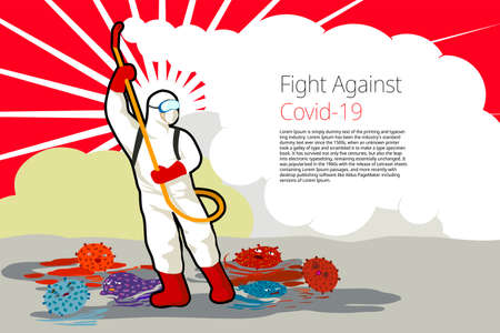 Fight against coronavirus, retro progaganda style poster. Man in biohazard suit stand holding up sanitizing spray host spraying cloud of sanitizer and viruses died on thr floorのイラスト素材