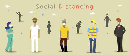 People of diversity standing far apart as in social distancing theme to prevent Covid-19 spreading. Flat design illustration of people from different backgroundのイラスト素材