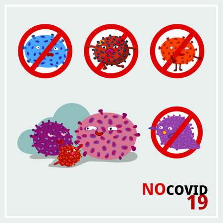 Funny cartoon stop sign for Corona virus, No Covid-19 sign. Colorful cartoon virus characters in circle cross stop sign, vector illustrationのイラスト素材