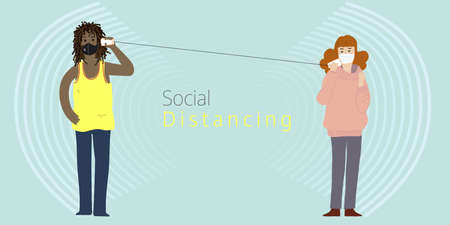 Black man and white girl wearing face mask on a date and talk thrugh tin can phone, social distancing concept.のイラスト素材