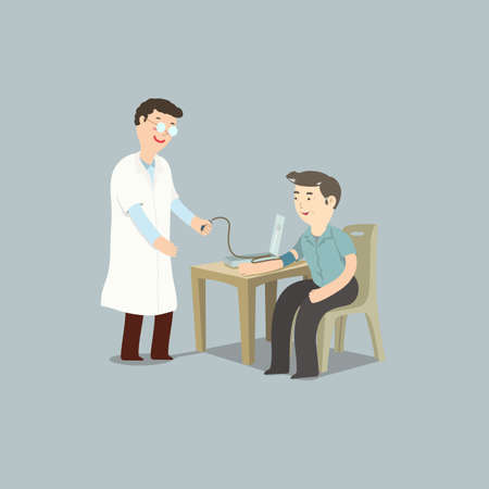 Elderly man sitting in hospital having blood pressure checkup by male doctor. Vector illustration for senior healthcare.のイラスト素材