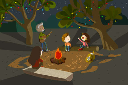 Christmas time family get together and having good time camping in the wild. Dad playing guitar while mother kids enjoy the music and sing along by the fire. Vector illustrationのイラスト素材