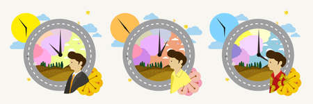 Lifestyle of a businessman round the clock, different time and occation. Work, Life Balance for a busy businessman. Vector illustration concept.のイラスト素材